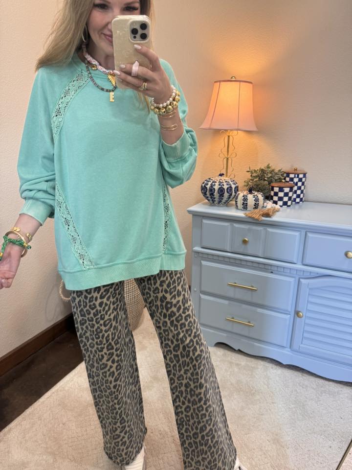 Turquoise Lace Detailed Pullover Top
