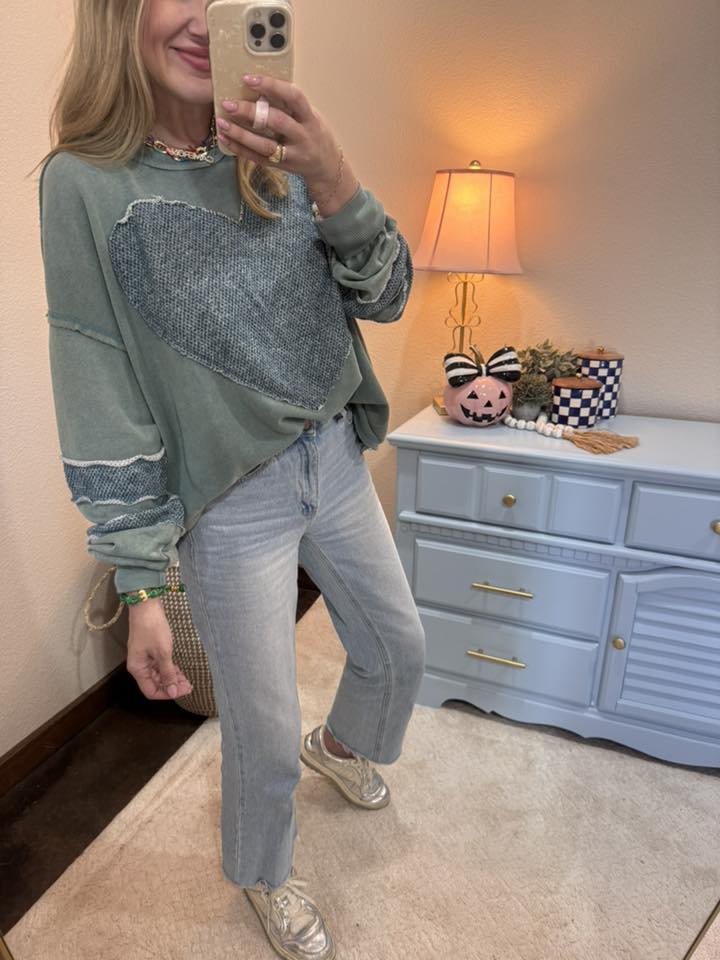 Faded Teal Heart Patch Top