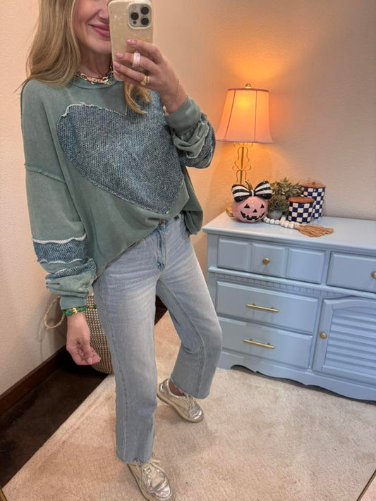 Faded Teal Heart Patch Top