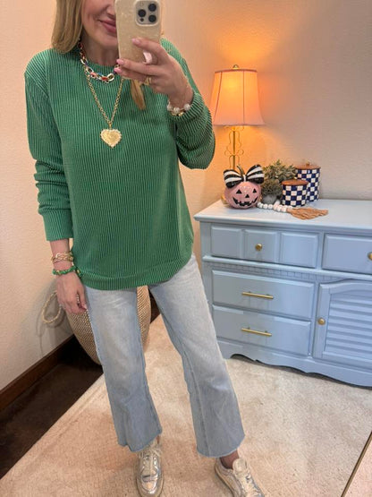 Green Raised Rib Round Neck Long Sleeve Top