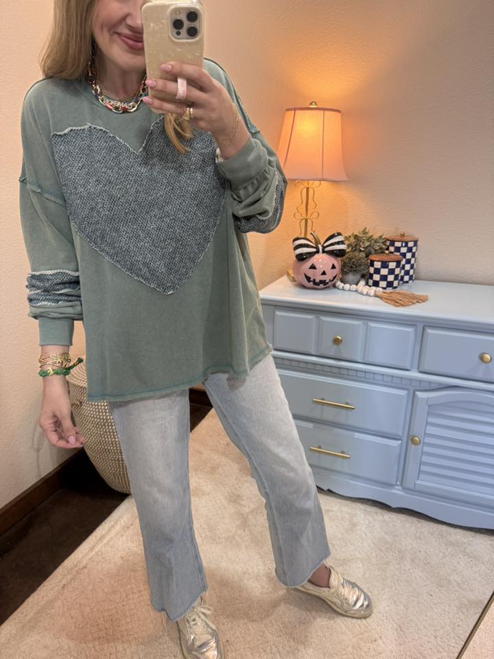 Faded Teal Heart Patch Top