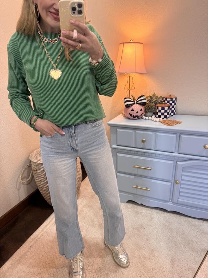Green Raised Rib Round Neck Long Sleeve Top