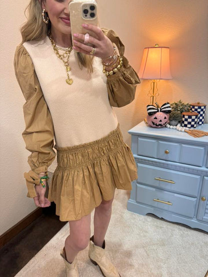 Camel Mixed Material Long Sleeve Dress