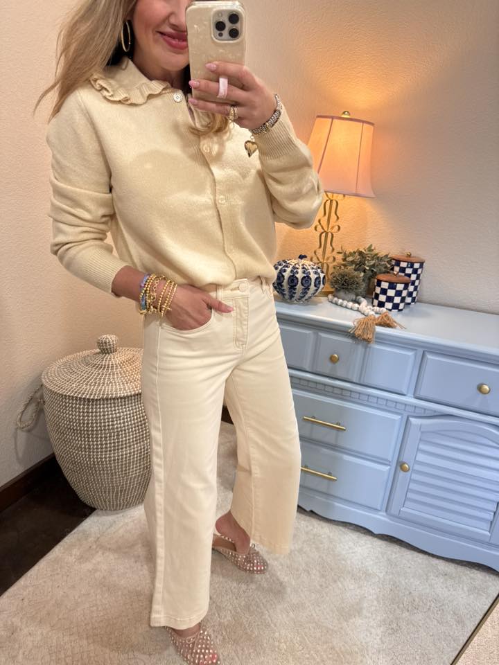 Cream Ruffle Collar Cardigan Sweater