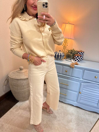 Cream Ruffle Collar Cardigan Sweater