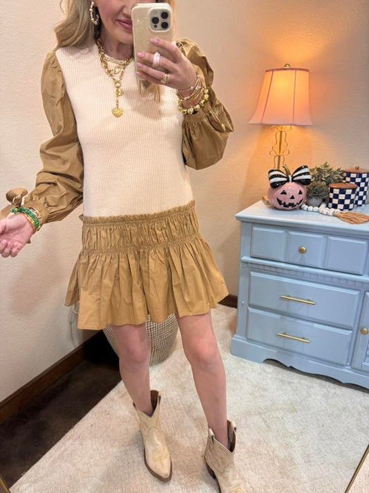 Camel Mixed Material Long Sleeve Dress