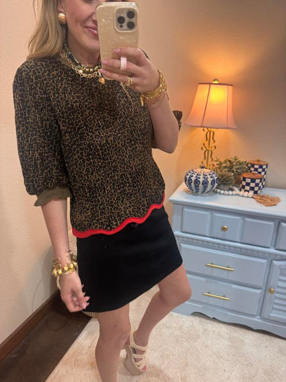 Leopard Brown Contrast Wavy Hem Animal Print Top