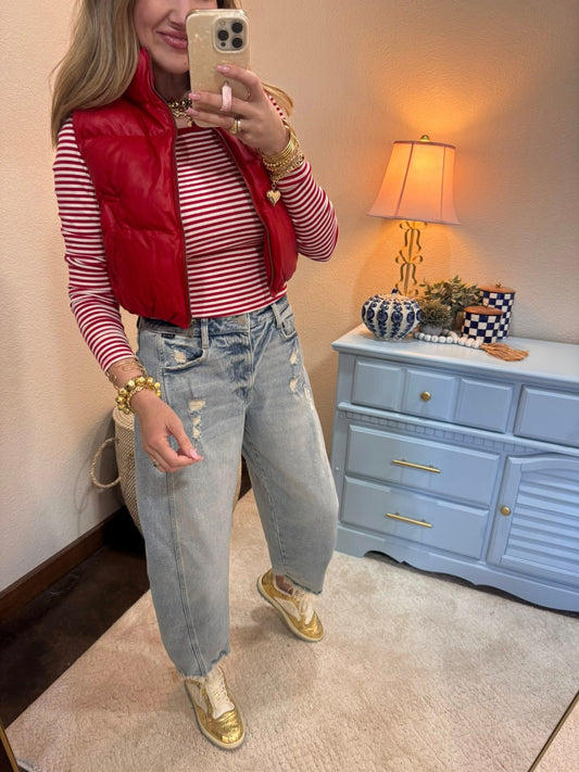 Red Faux Leather Puffer Vest
