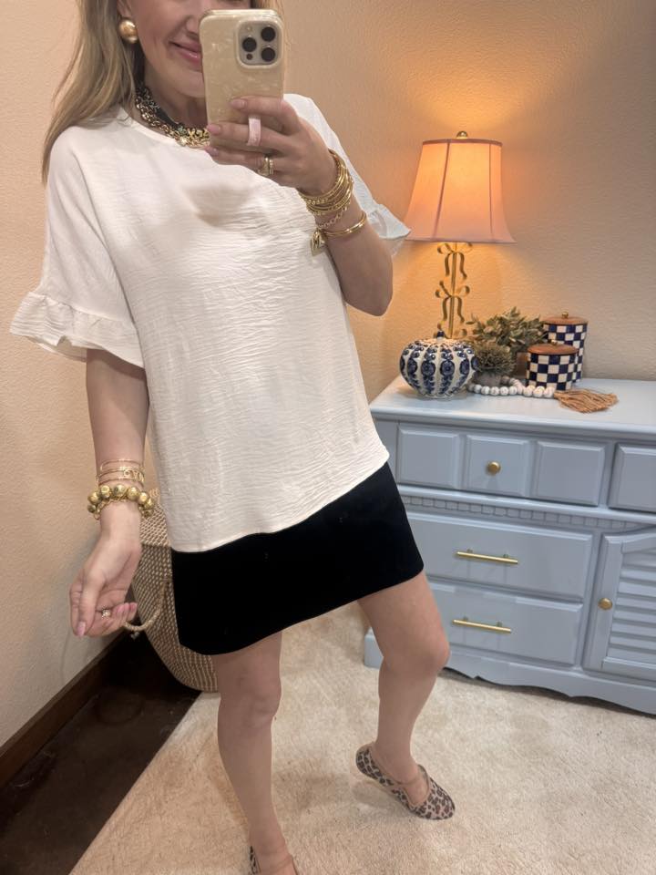 Off White Round Neck Ruffle Sleeve Top