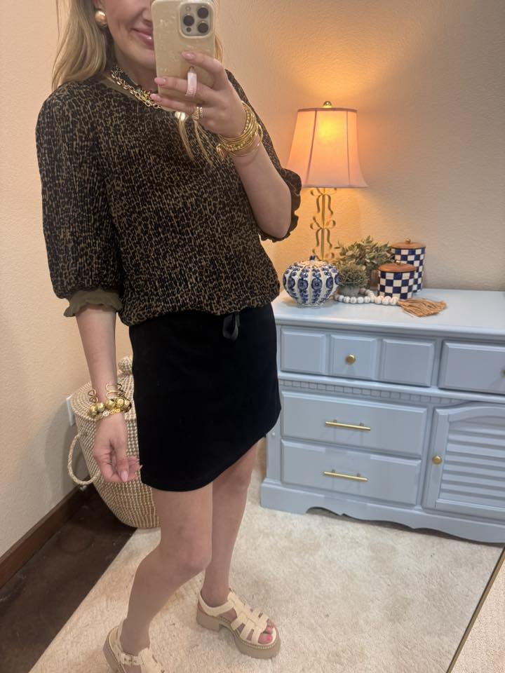 Leopard Brown Contrast Wavy Hem Animal Print Top