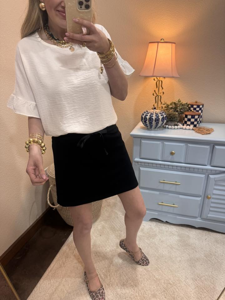 Off White Round Neck Ruffle Sleeve Top