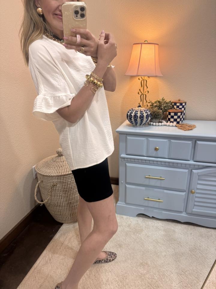 Off White Round Neck Ruffle Sleeve Top