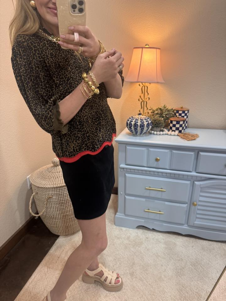 Leopard Brown Contrast Wavy Hem Animal Print Top