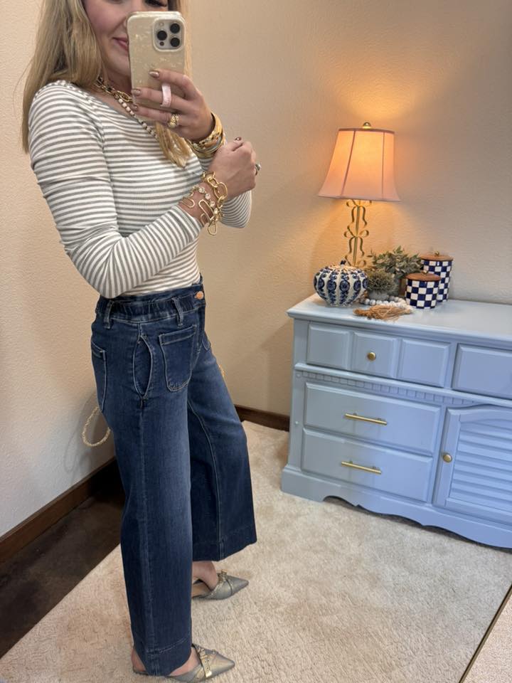 Gray & White Striped Ribbed Crop Long Sleeve Top