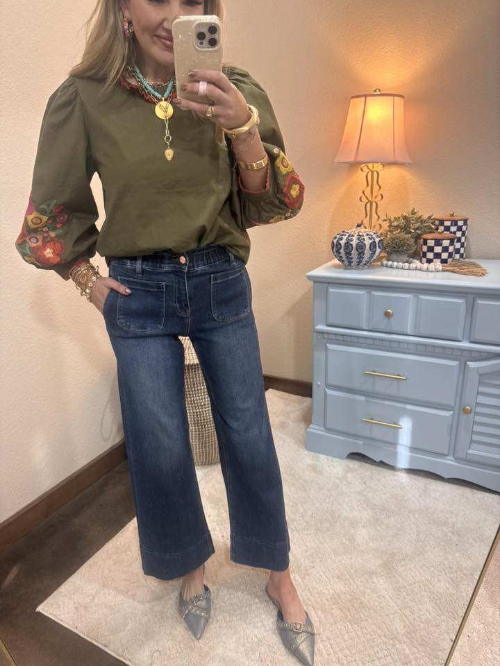 Olive Lace Trim Detail Embroidered Top