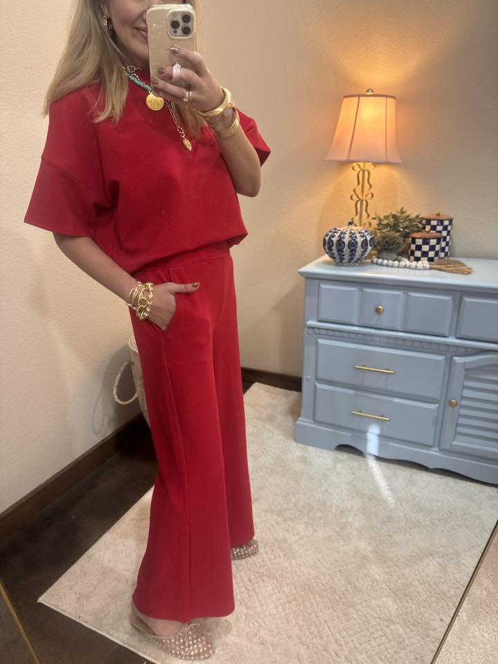 Ruby Ribbed Round Neck Tee & Pants Set