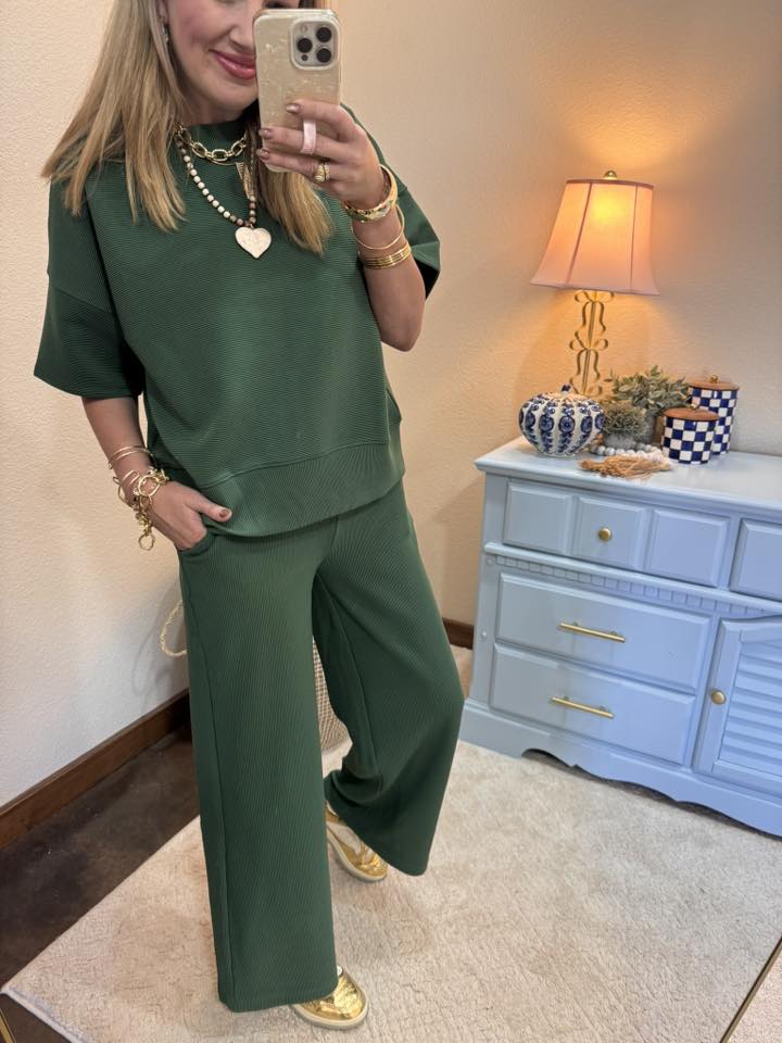 Green Ribbed Round Neck Tee & Pants Set