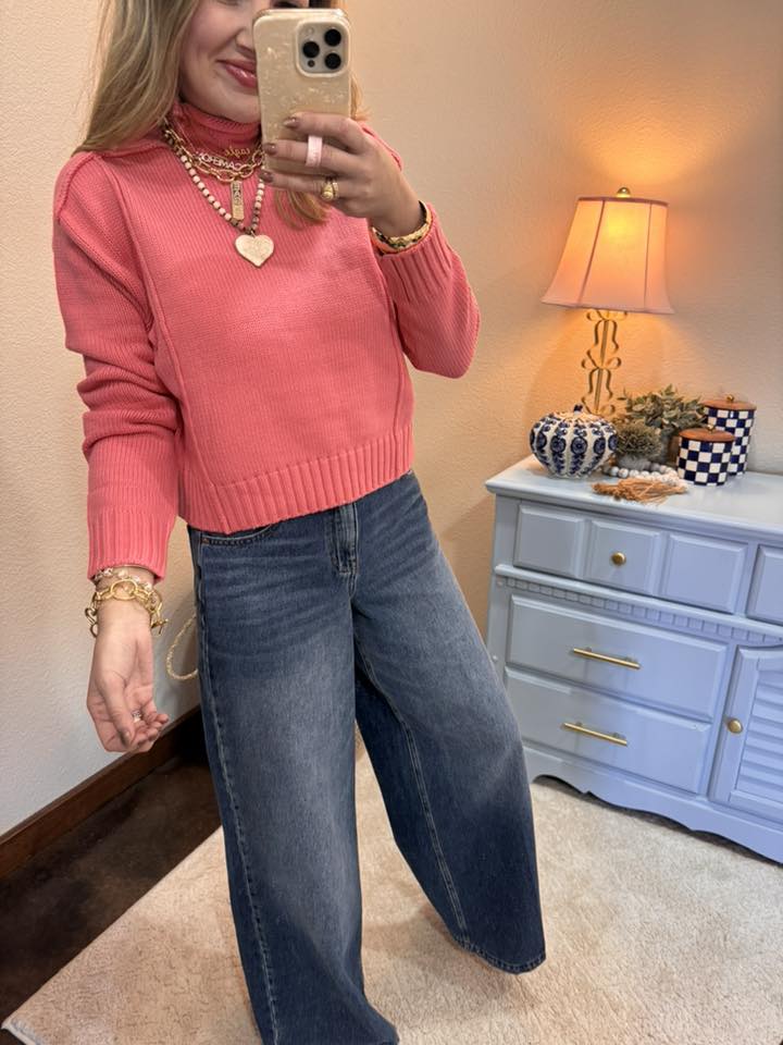 Taffy Pink High Roll Neck Sweater