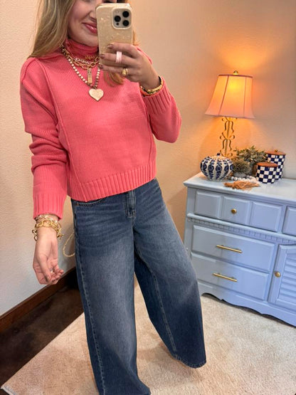 Taffy Pink High Roll Neck Sweater