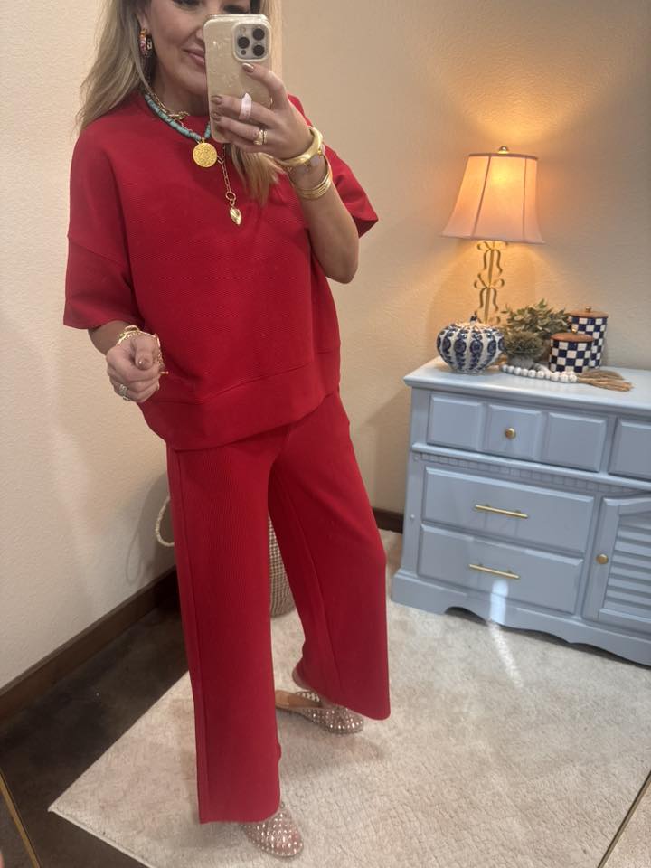 Ruby Ribbed Round Neck Tee & Pants Set