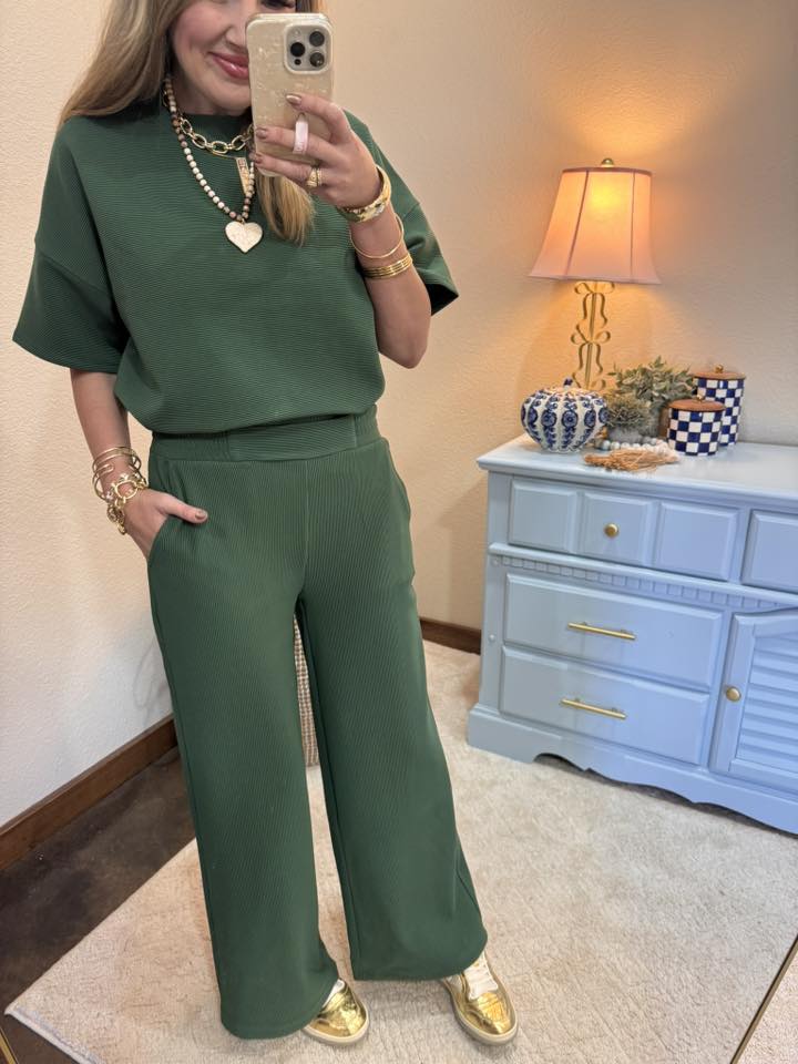 Green Ribbed Round Neck Tee & Pants Set