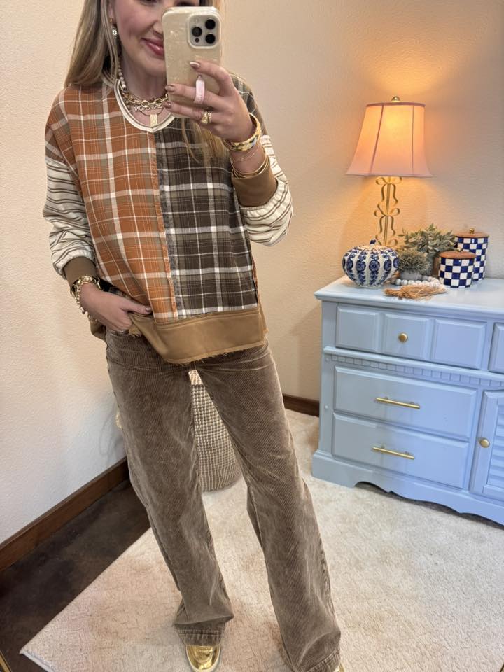 Rust & Dark Mocha Plaid and Stripe Mix & Match Top