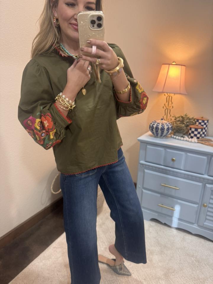 Olive Lace Trim Detail Embroidered Top