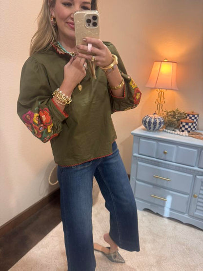 Olive Lace Trim Detail Embroidered Top