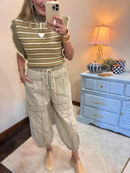 Sage Green Elastic Waist Balloon Style Jogger Pants
