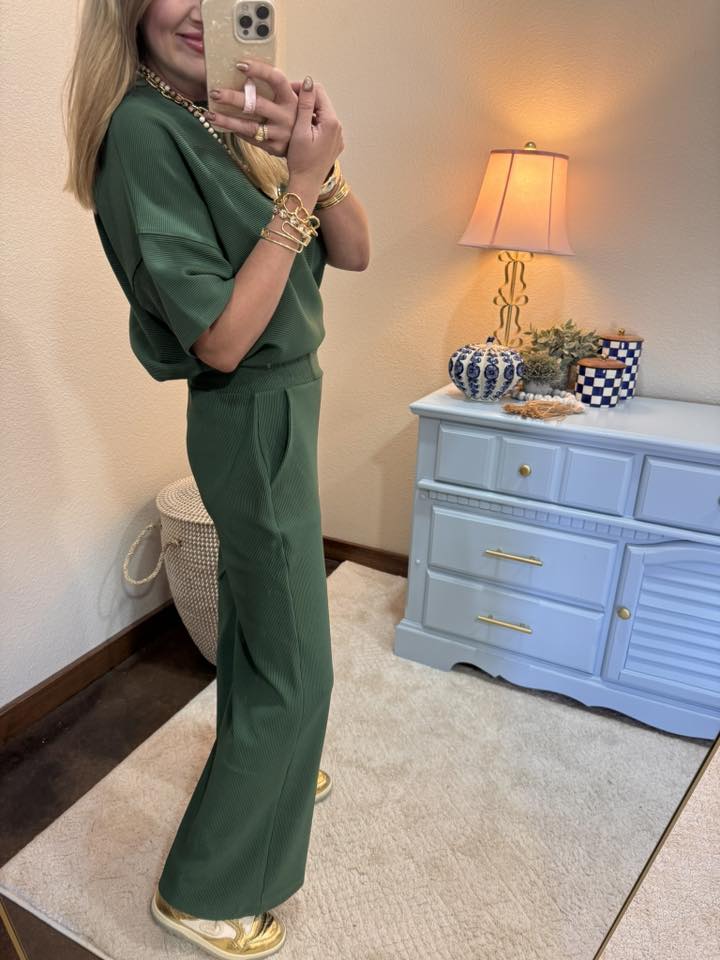 Green Ribbed Round Neck Tee & Pants Set