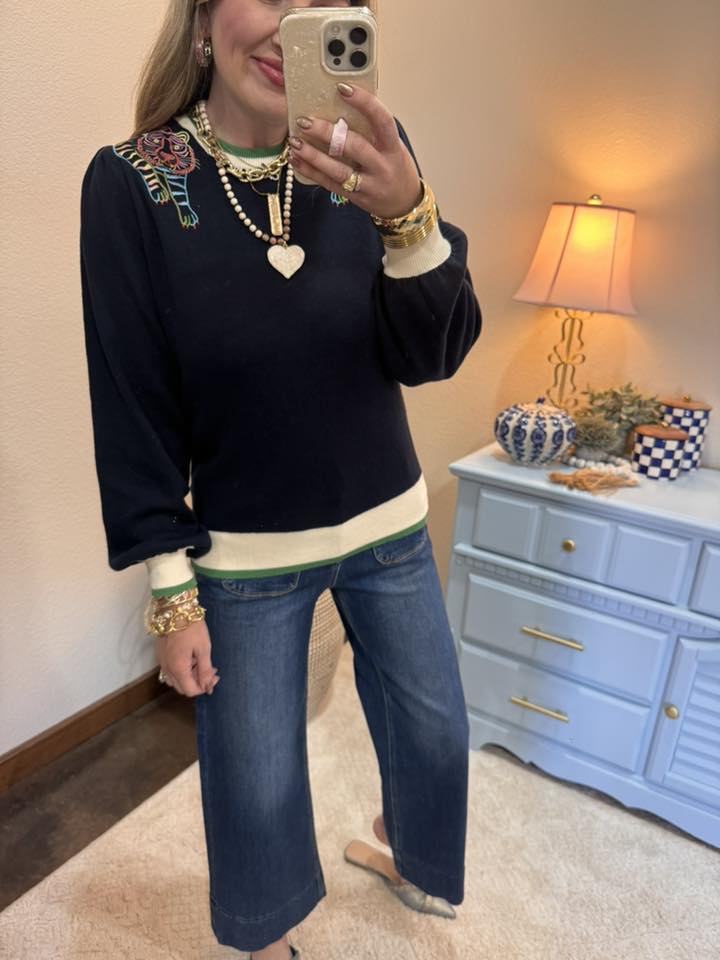 Navy Color Block Tiger Embroidered Shoulder Knit Top