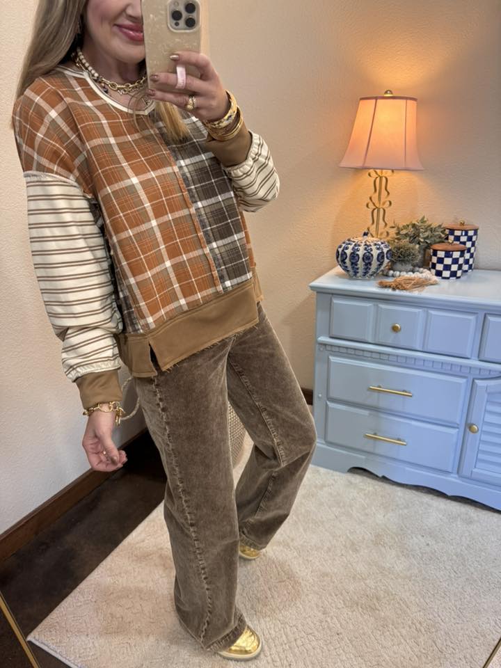 Rust & Dark Mocha Plaid and Stripe Mix & Match Top