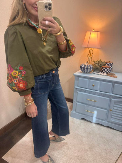 Olive Lace Trim Detail Embroidered Top