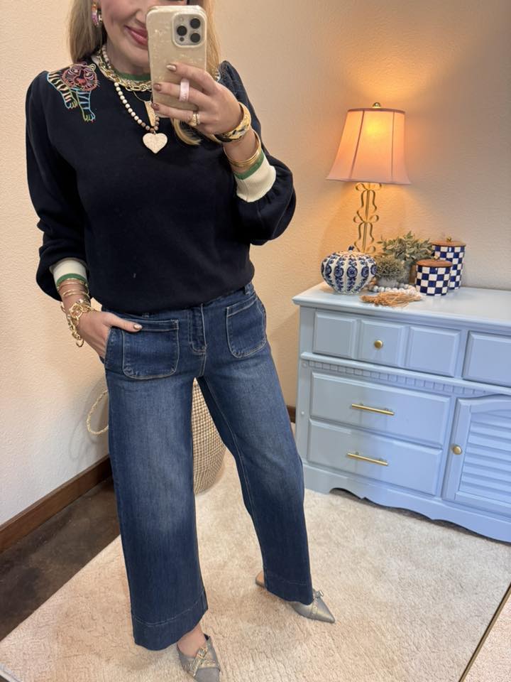 Navy Color Block Tiger Embroidered Shoulder Knit Top