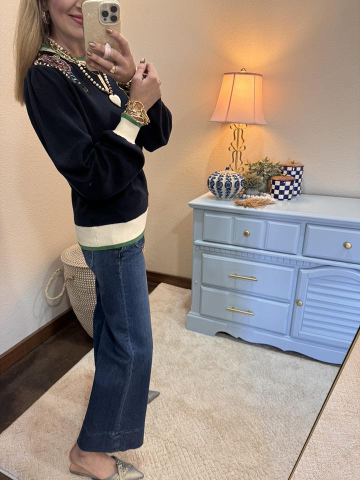 Navy Color Block Tiger Embroidered Shoulder Knit Top