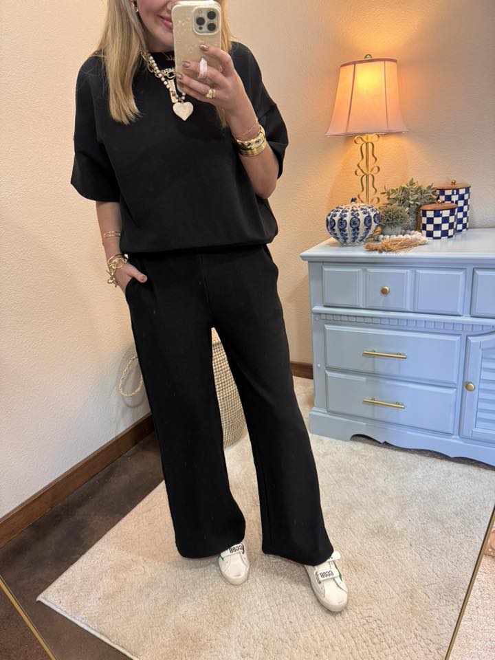 Black Ribbed Round Neck Tee & Pants Set