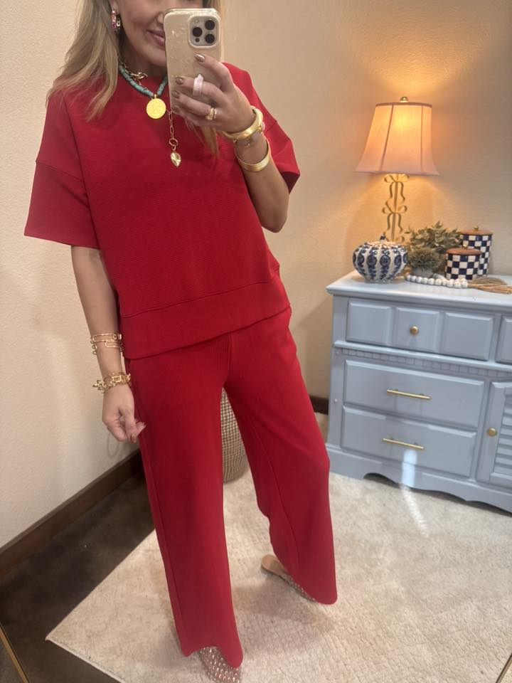 Ruby Ribbed Round Neck Tee & Pants Set
