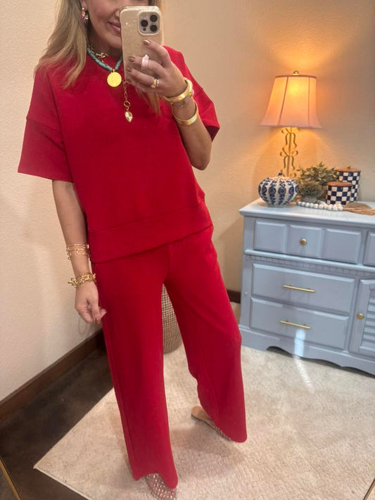 Ruby Ribbed Round Neck Tee & Pants Set