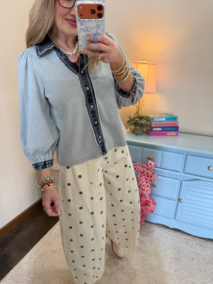 Heather Gray Denim Collar Button Up Top