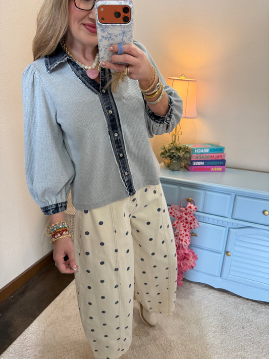 Heather Gray Denim Collar Button Up Top