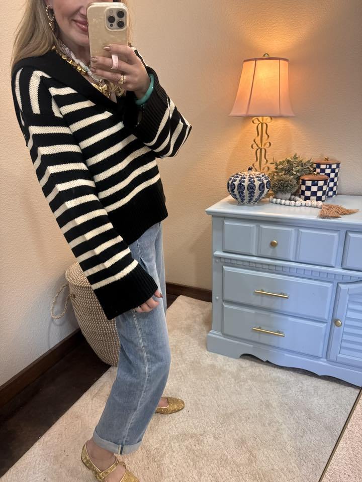 Black and Cream Strip Knit Collar Sailor Sweater