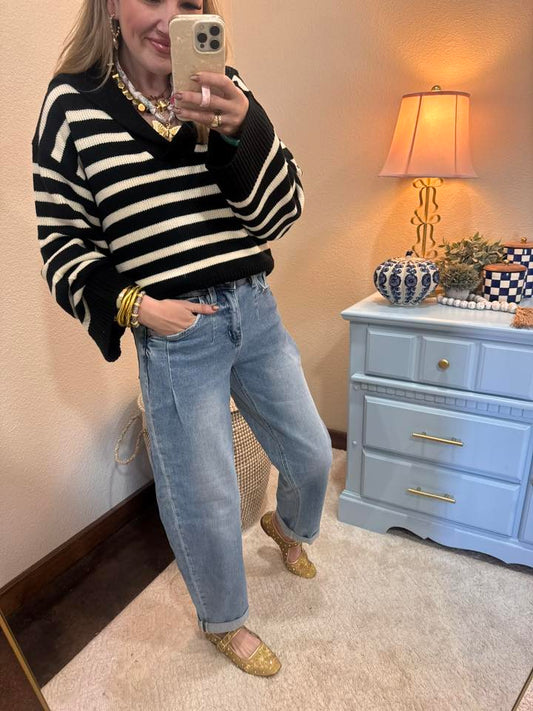 Black and Cream Strip Knit Collar Sailor Sweater