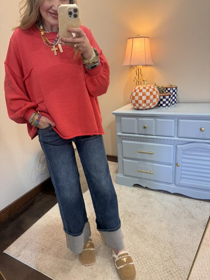 Red Coral Long Sleeve Over Size Sweater Top