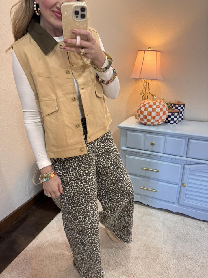 Taupe Washed Cotton Button Down Casual Vest