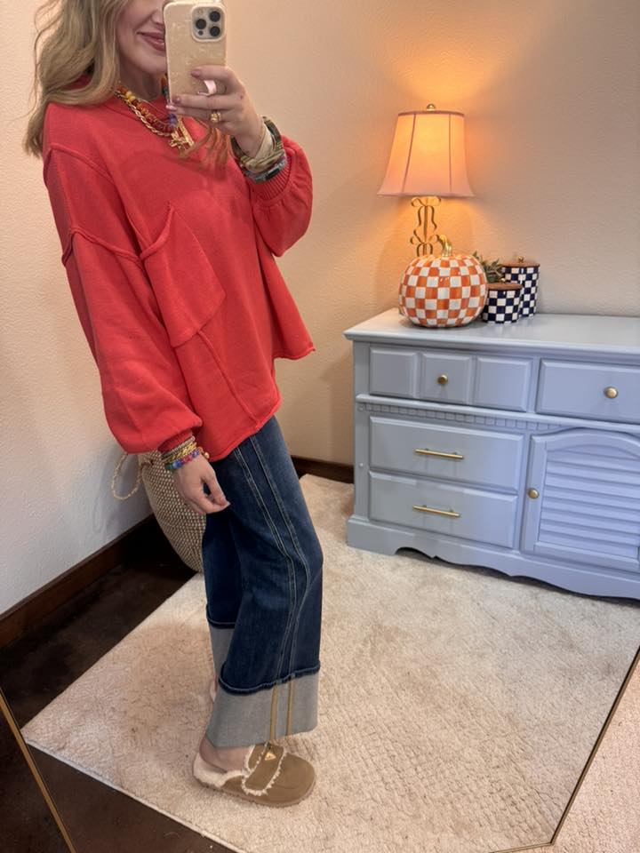 Red Coral Long Sleeve Over Size Sweater Top