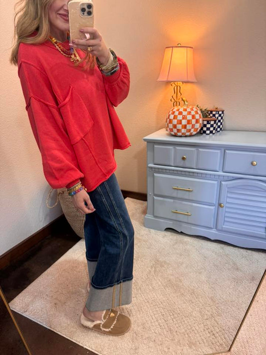 Red Coral Long Sleeve Over Size Sweater Top