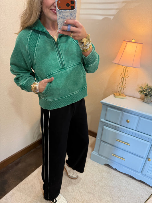 Green Acid Washed Half Zip Fleece Pullover