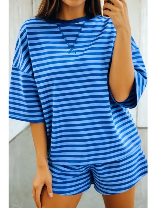 Dark & Light Blue Stripe Pullover Elastic Waist Shorts Set