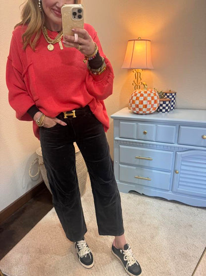 Red Coral Long Sleeve Over Size Sweater Top