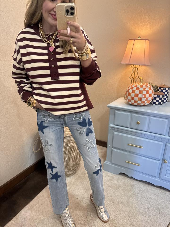 Burgundy and Cream Stripe Pullover Top